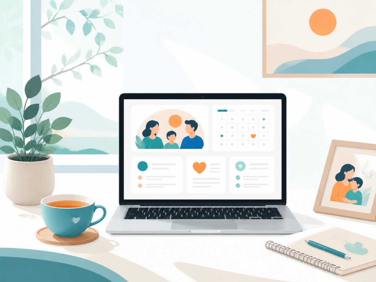 A tidy desk with a laptop showing an organized co-parenting dashboard