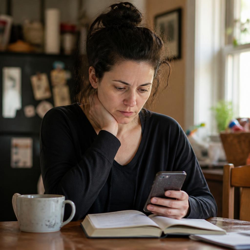 A mother sitting at her kitchen table, quietly noting down details on her phone